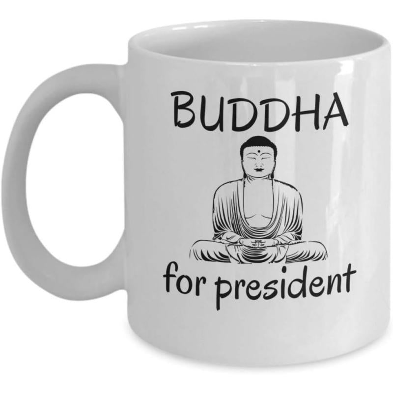 Tailorly White Ceramic 11 oz Mug - Buddha For President Detailed Black Line Art Drawing Of A Meditating Peaceful Buddha