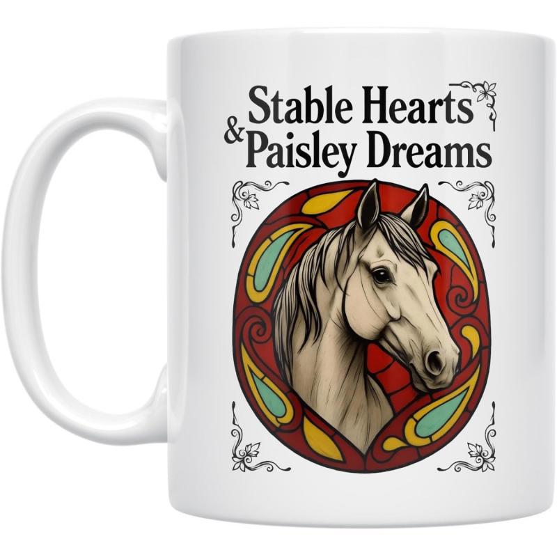Tailorly White Ceramic 11 oz Mug - Stable Hearts Paisley Dreams Elegant Equestrian Portrait Within Decorative Circular Ornate Patterned Frame Horse
