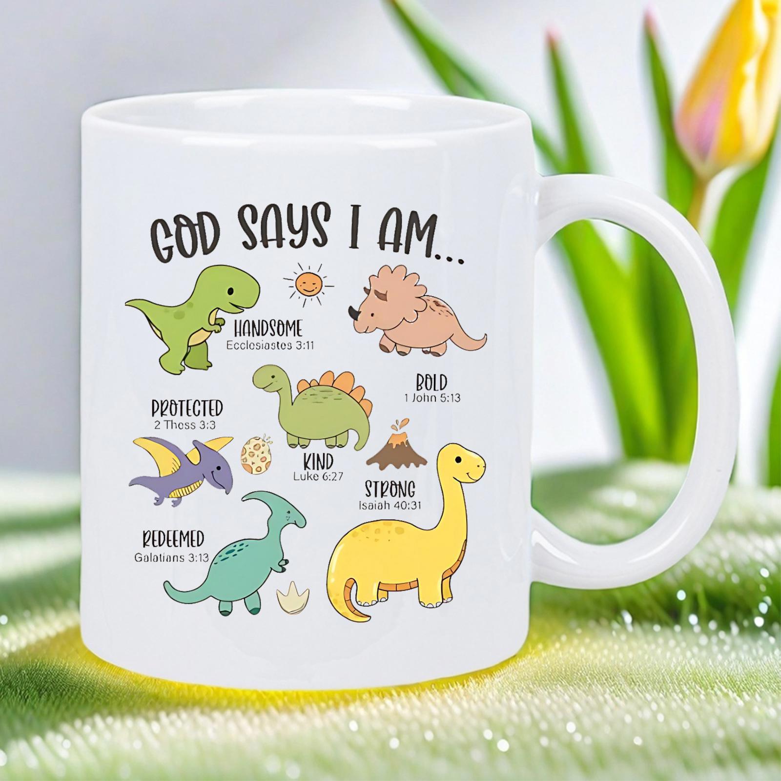 Tailorly White Ceramic 11 oz Mug - God Says I Am Friendly Colorful Cartoon Dinosaurs Standing Together With Volcano And Sun Dinosaur