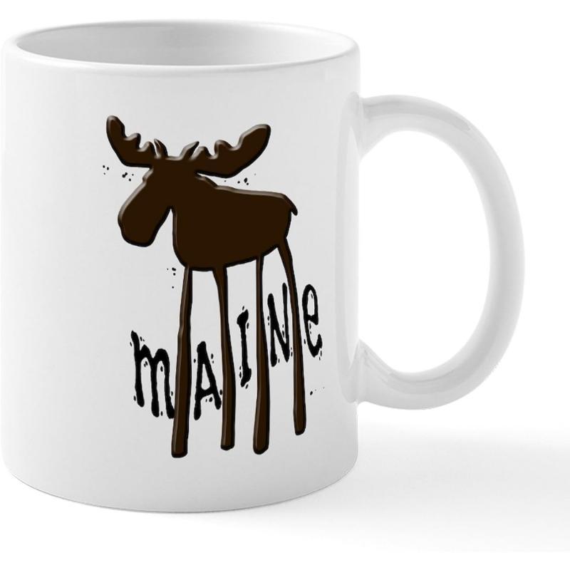 Tailorly White Ceramic 11 oz Mug - Maine Stylized Brown Silhouette Standing With Long Artistic Hand Drawn Legs Moose