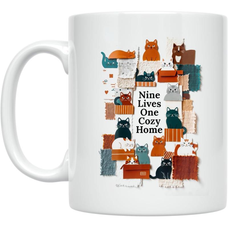 Tailorly White Ceramic 11 oz Mug - Nine Lives One Cozy Home Diverse Colorful Felines Lounging Peacefully Amidst Vibrant Patterned Blankets And Boxes Cat