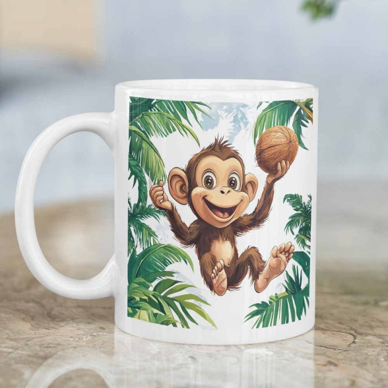Tailorly White Ceramic 11 oz Mug - Playful Brown Primate Holding A Coconut Among Lush Green Tropical Jungle Leaves Monkey