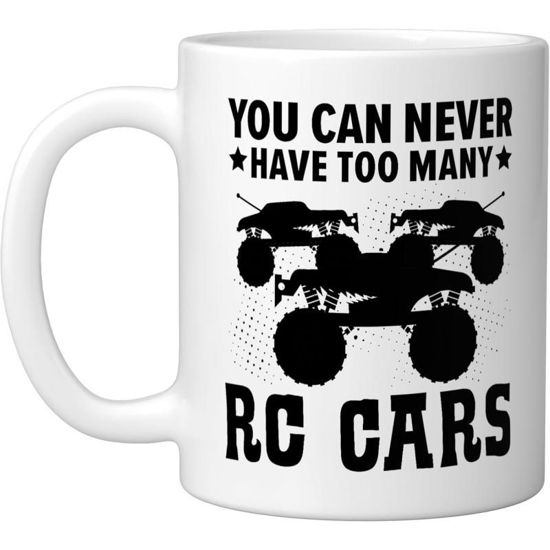 Tailorly White Ceramic 11 oz Mug - You Can Never Have Too Many RC Cars Rugged Silhouette Of Three Monster Trucks Positioned Between Bold Vintage Text RC Car