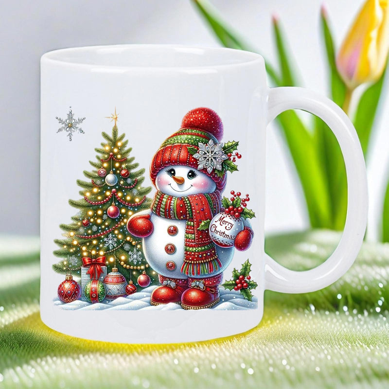 Tailorly White Ceramic 11 oz Mug - Cute Festive Snowman Standing Beside Decorated Tree With Colorful Shining Ornaments Snowman