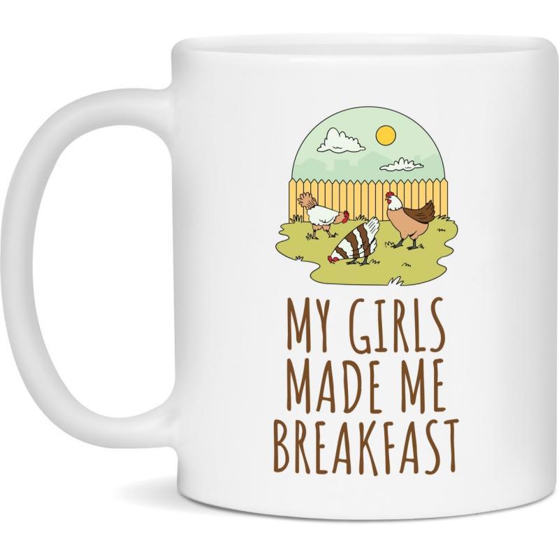 Tailorly White Ceramic 11 oz Mug - My Girls Made Me Breakfast Three Happy Hens Foraging In A Sunny Backyard Farm Setting Chicken