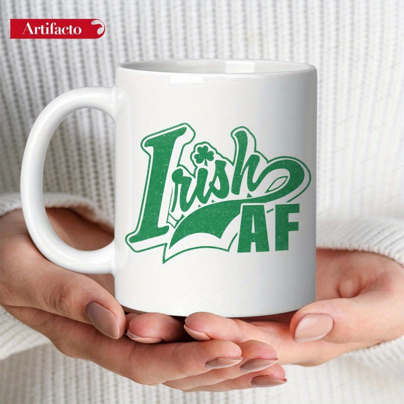 Tailorly White Ceramic 11 oz Mug - Irish AF Stylized Green Typography Featuring A Small Shamrock Symbol On