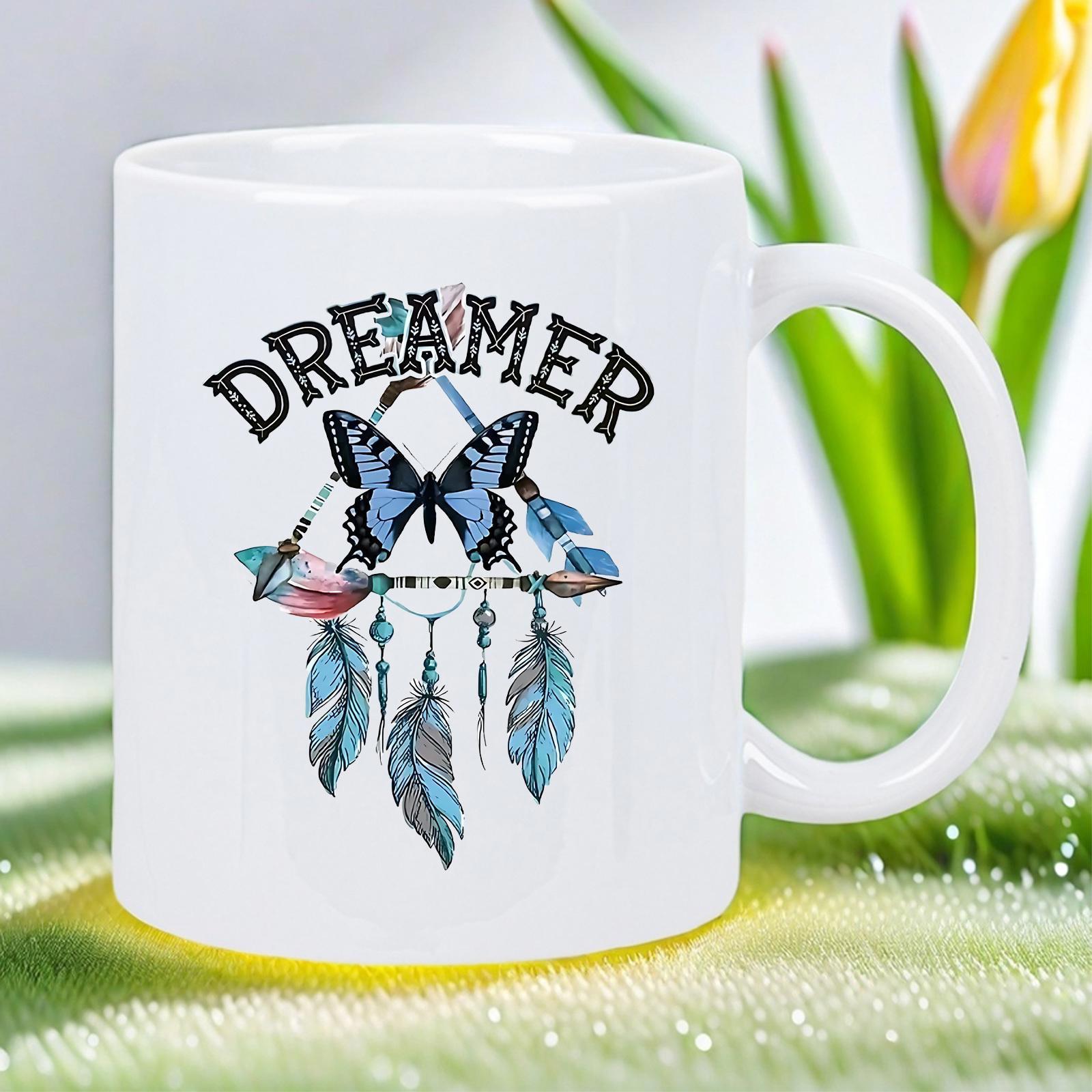 Tailorly White Ceramic 11 oz Mug - Dreamer Delicate Bohemian Blue Butterfly Featuring Vibrant Feathers Among Sacred Geometric Dreamcatcher