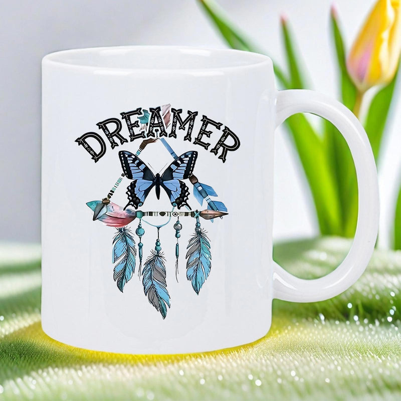 Tailorly White Ceramic 11 oz Mug - Dreamer Delicate Bohemian Blue Butterfly Featuring Vibrant Feathers Among Sacred Geometric Dreamcatcher