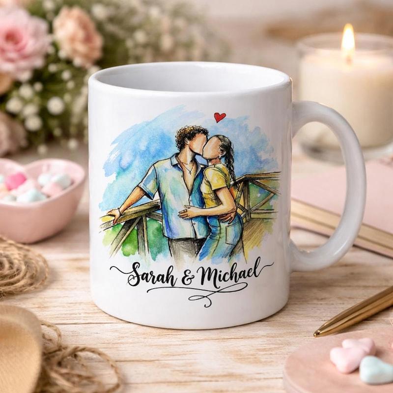 Tailorly White Ceramic 11 oz Mug - Sarah Michael Romantic Watercolor Illustration Of A Loving Couple Kissing Under A Heart Illustration