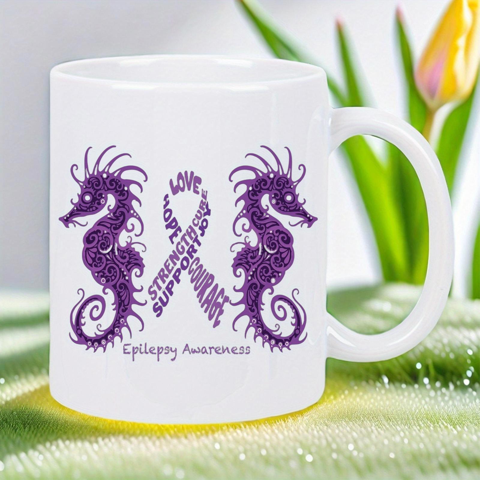 Tailorly White Ceramic 11 oz Mug - Love Hope Strength Support Courage Faith Cure Epilepsy Awareness Two Elegant Ornate Purple Seahorses Facing Toward A Symbolic