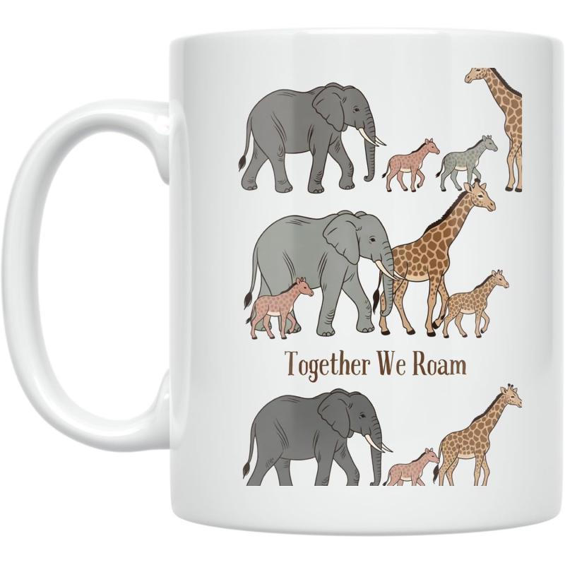 Tailorly White Ceramic 11 oz Mug - Together We Roam Hand Drawn African Wildlife Animals Like Elephants And Tall Spotted Giraffes Elephant