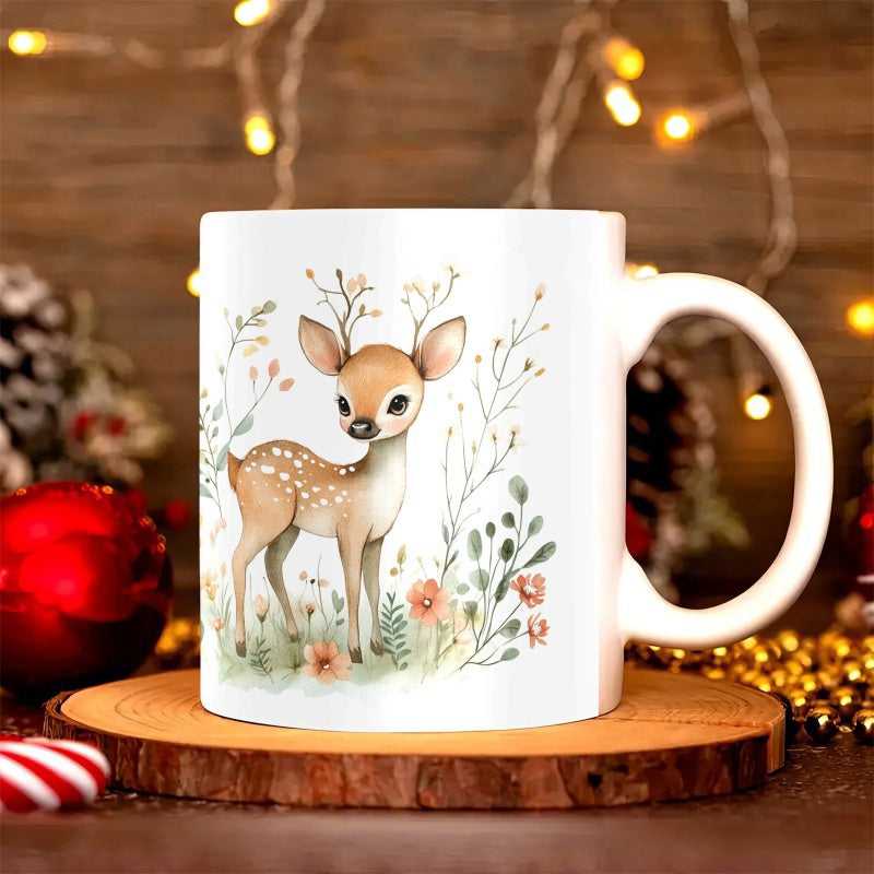 Tailorly White Ceramic 11 oz Mug - Watercolor Baby Fawn Standing Among Soft Pastel Flowers And Greenery Deer