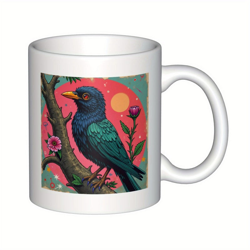 Tailorly White Ceramic 11 oz Mug - Vibrant Teal Bird Perched On A Branch Amidst Blooming Spring Flowers Under Warm Glowing Sun Bird