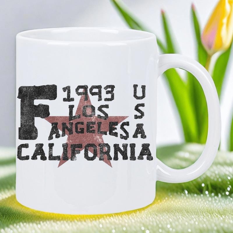 Tailorly White Ceramic 11 oz Mug - 1993 Los Angeles California USA Distressed Vintage Style Large Varsity Letter Over Red Star