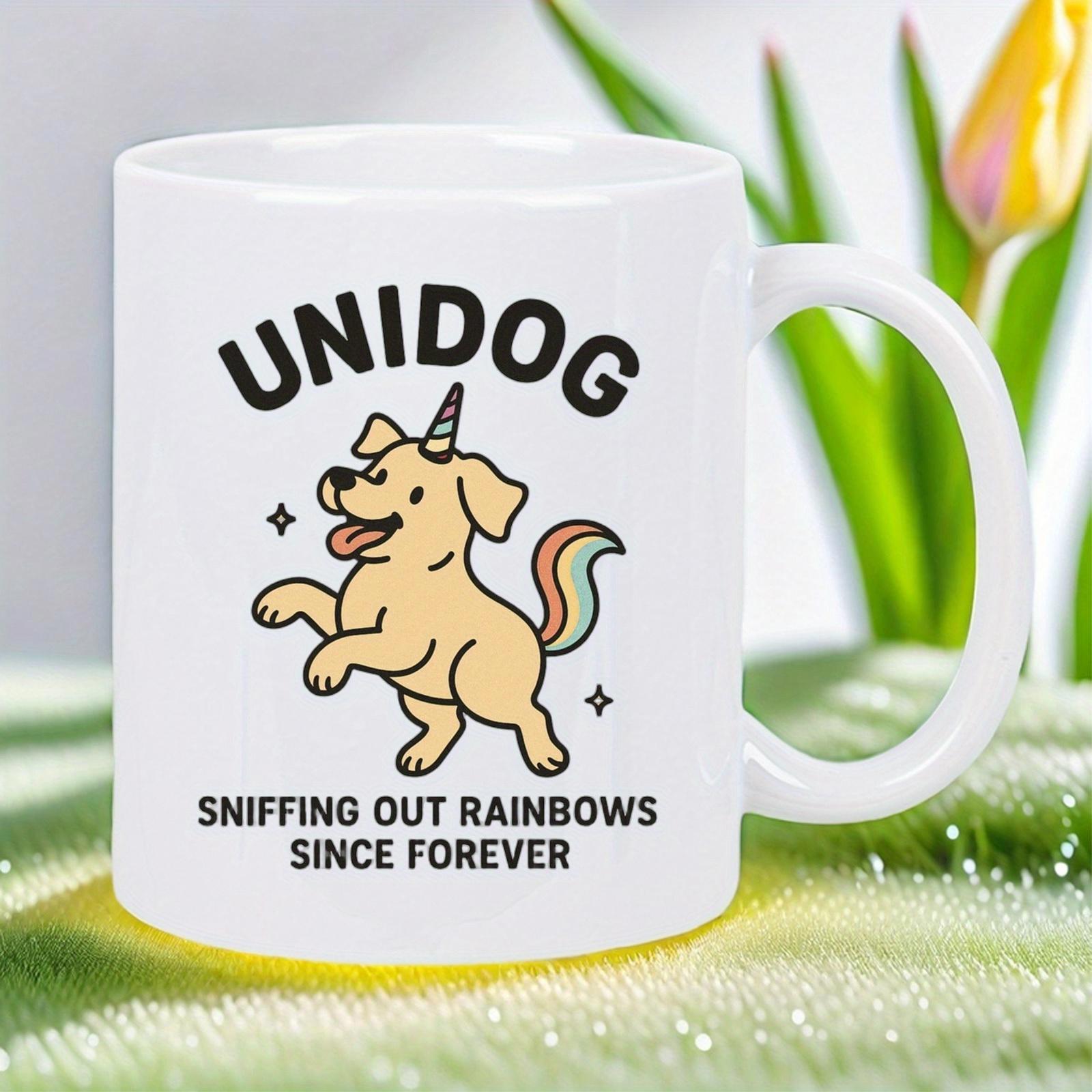 Tailorly White Ceramic 11 oz Mug - Unidog Sniffing Out Rainbows Since Forever Cheerful Golden Puppy With Unicorn Horn And Colorful Rainbow Tail Dog