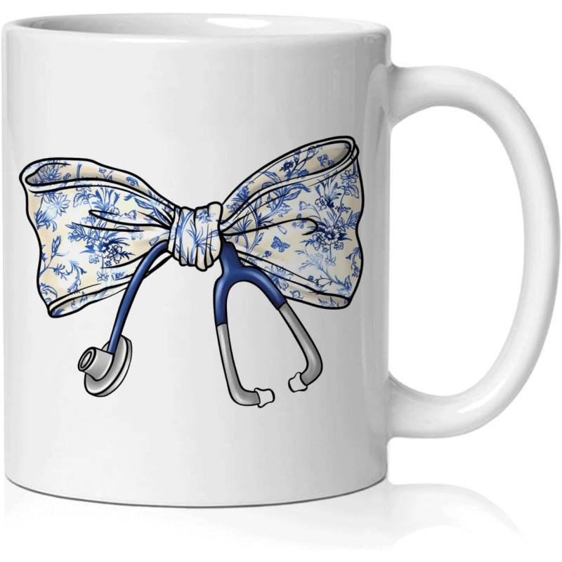 Tailorly White Ceramic 11 oz Mug - Blue Floral Pattern Decorative Medical Stethoscope Shaped Like A Pretty Ribbon Bow