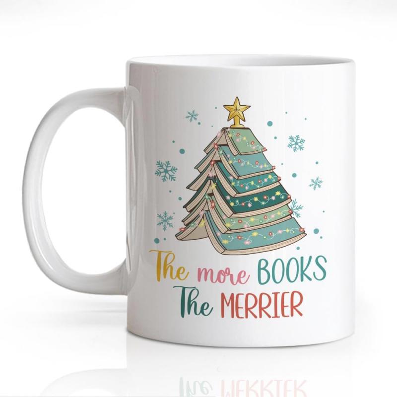 Tailorly White Ceramic 11 oz Mug - The More Books The Merrier Colorful Stacked Books Arranged In Festive Holiday Seasonal Starry Tree