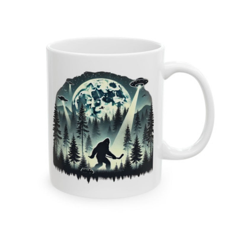 Tailorly White Ceramic 11 oz Mug - Mystic Moonlit Forest Featuring Flying UFOs And A Hockey Playing Sasquatch