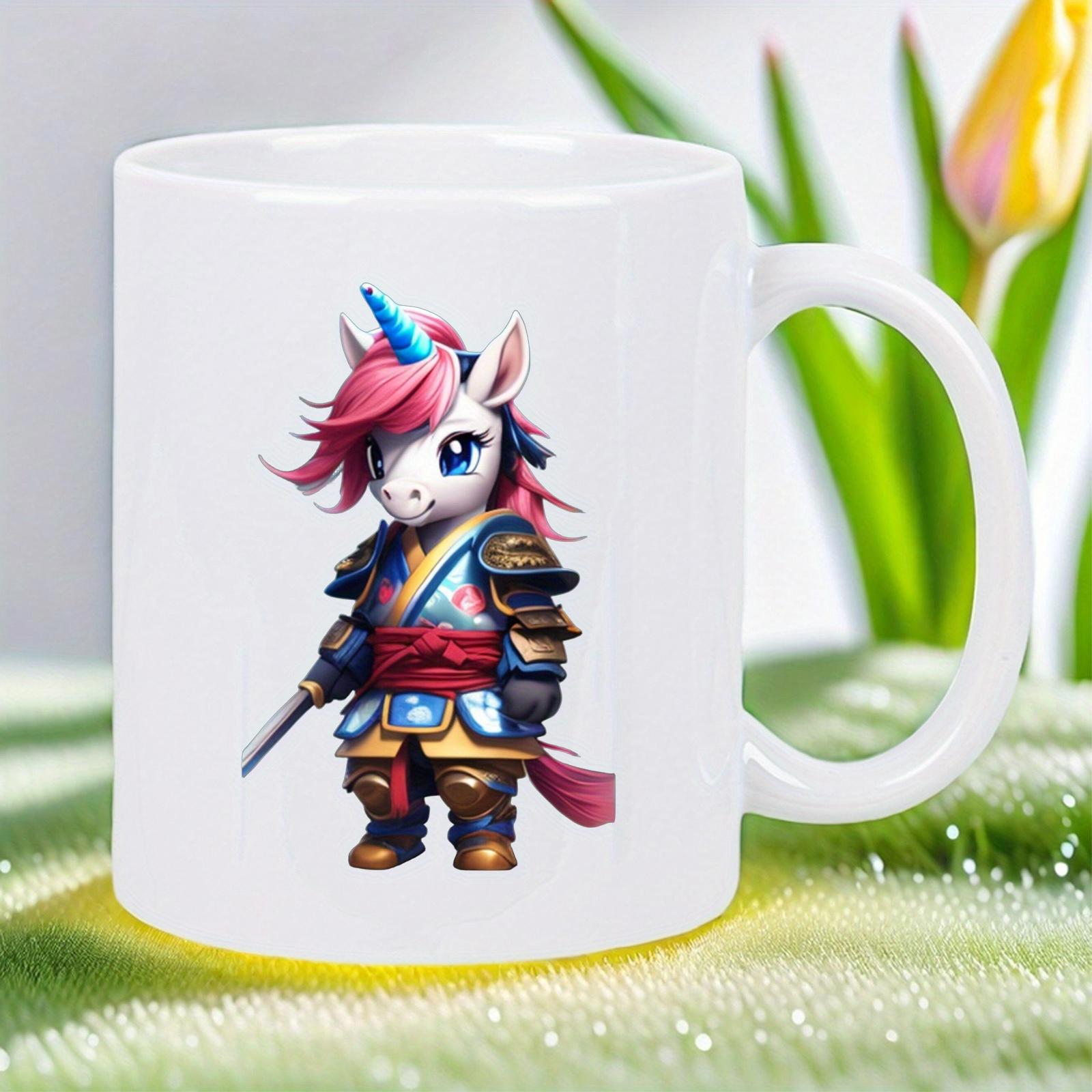 Tailorly White Ceramic 11 oz Mug - Fierce Warrior Wearing Detailed Samurai Armor With Pink Hair And Horn Unicorn