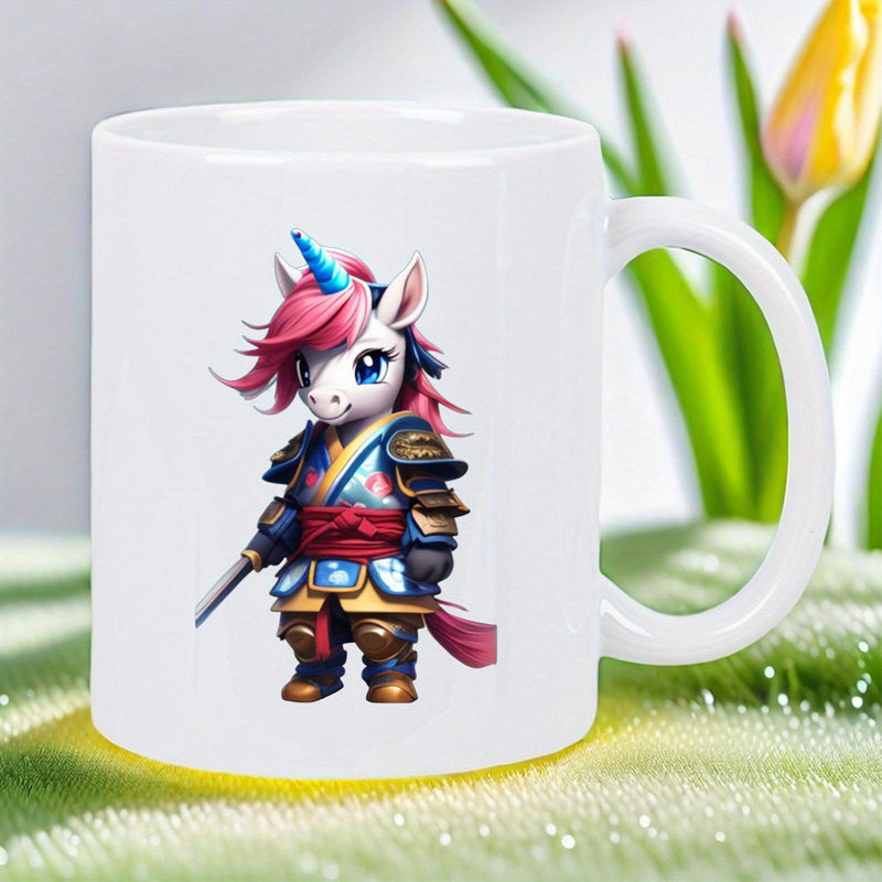 Tailorly White Ceramic 11 oz Mug - Fierce Warrior Wearing Detailed Samurai Armor With Pink Hair And Horn Unicorn