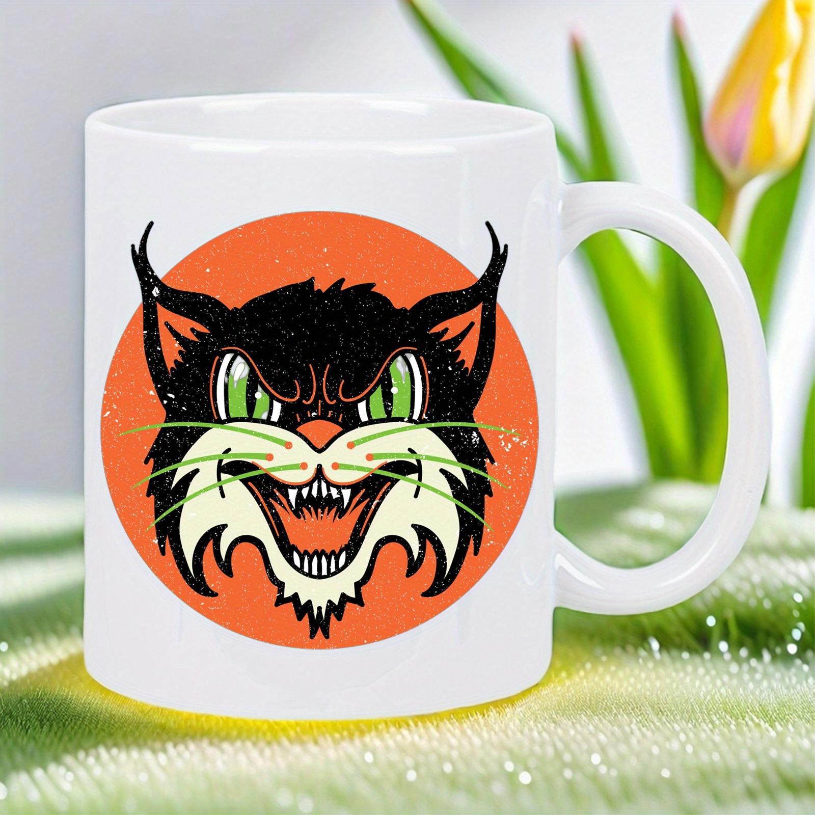 Tailorly White Ceramic 11 oz Mug - Fierce Snarling Wildcat With Glowing Green Eyes On Orange Circular Background Cat