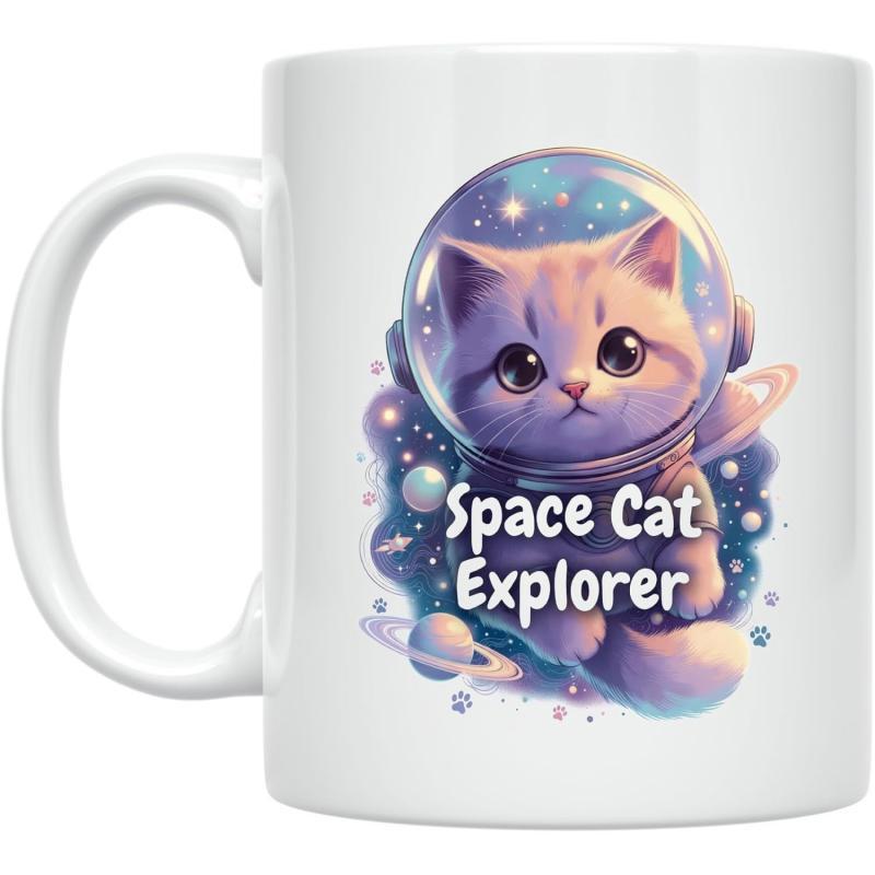 Tailorly White Ceramic 11 oz Mug - Space Cat Explorer Adorable Fluffy Kitten Wearing Glass Astronaut Helmet Floating In Purple Cosmic Galaxy Cat
