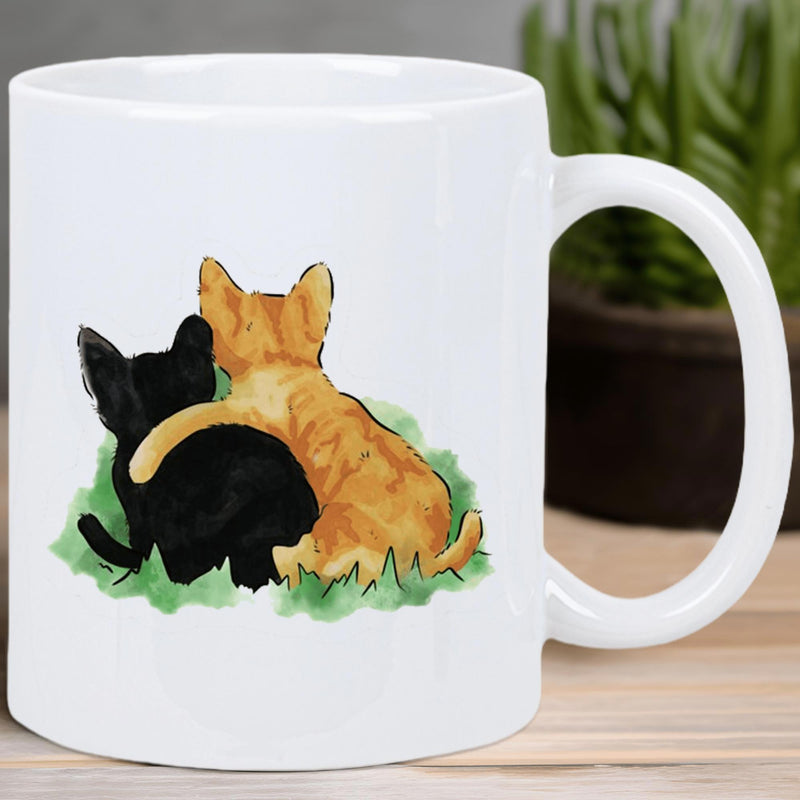 Tailorly White Ceramic 11 oz Mug - Two Adorable Watercolor Kittens Sitting On Green Grass Embracing Friendship Cat