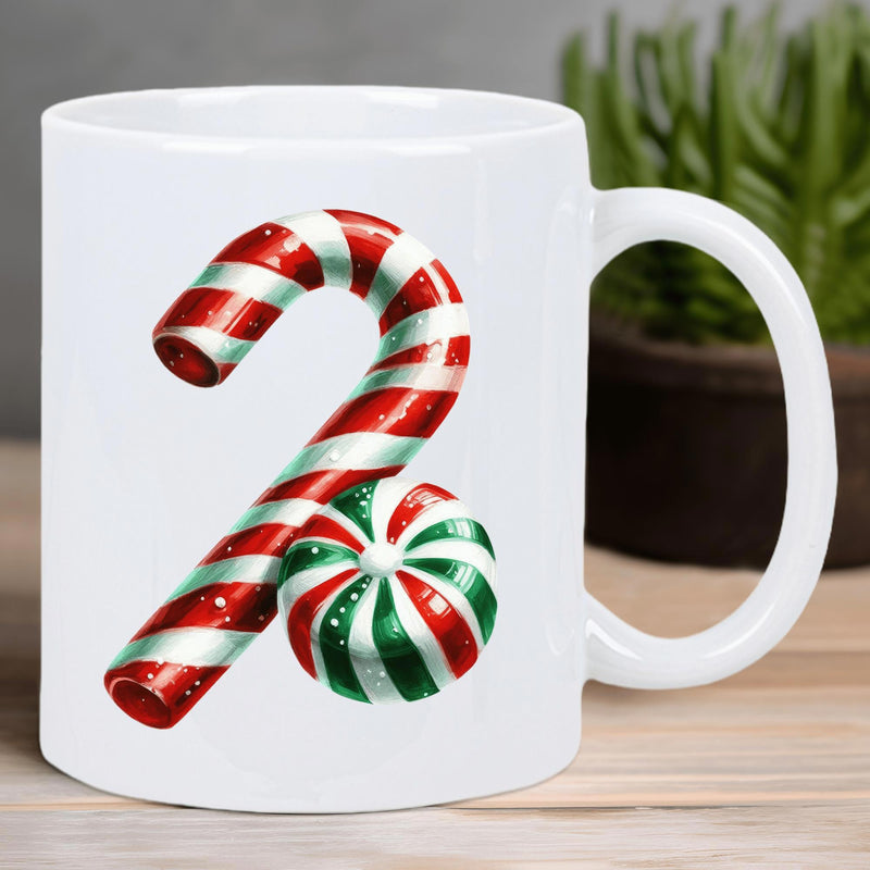 Tailorly White Ceramic 11 oz Mug - Festive Red And White Striped Christmas Candy Cane Beside Peppermint Candy