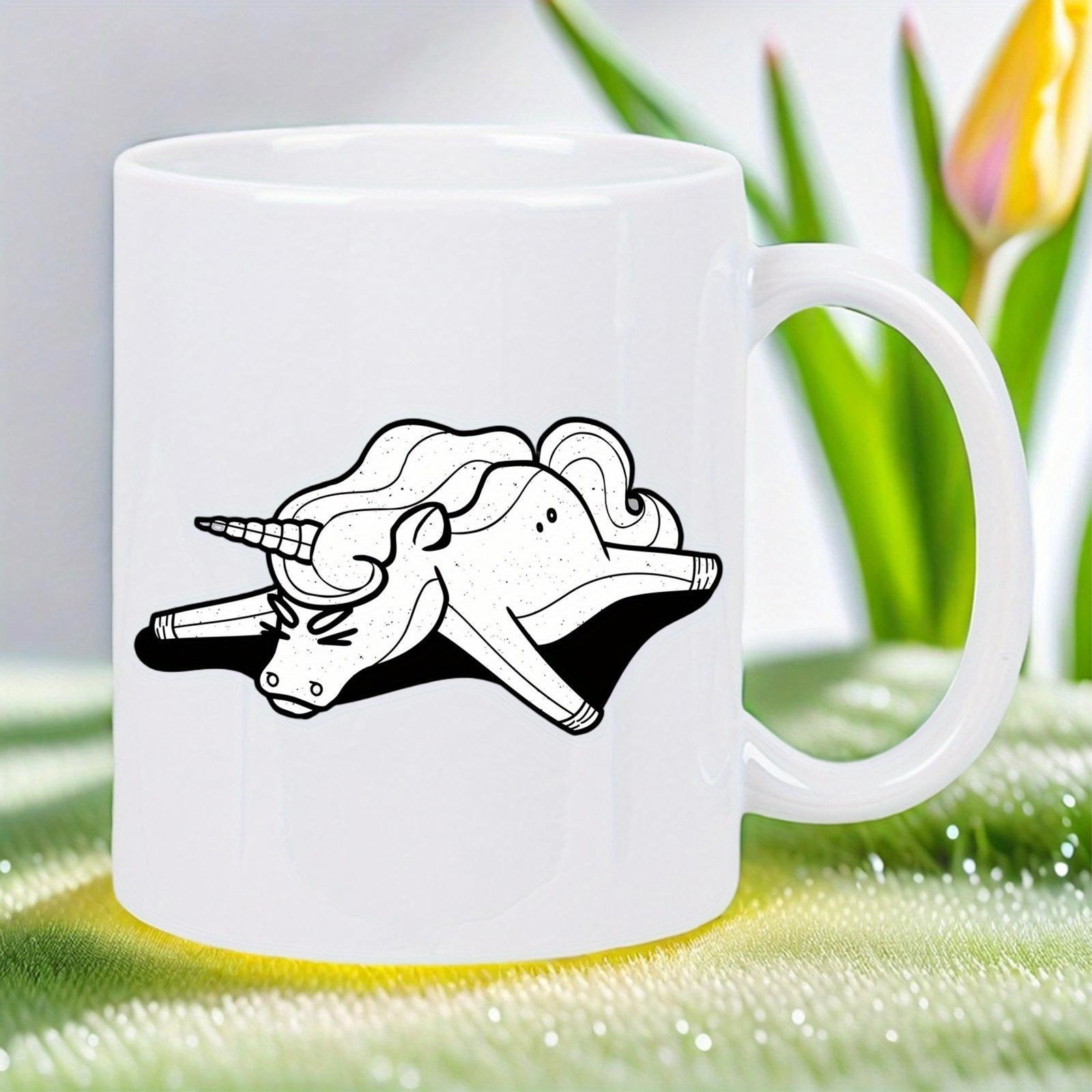 Tailorly White Ceramic 11 oz Mug - Lazy Flat Lying Cartoon Mythical Creature With Spiral Horn Grumpy Unicorn