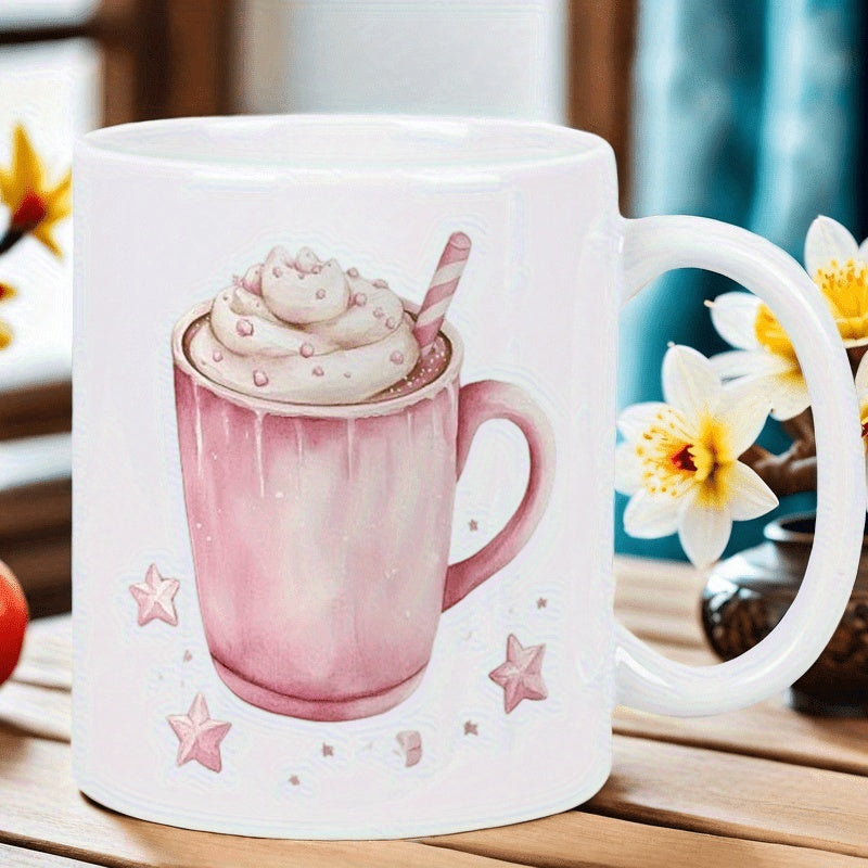 Tailorly White Ceramic 11 oz Mug - Sweet Pink Cup Of Hot Cocoa With Creamy Whipped Topping Among Stars Mug