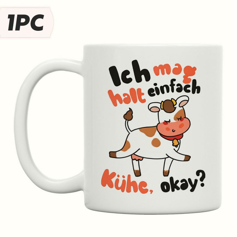 Tailorly White Ceramic 11 oz Mug - Cheerful Brown Spotted Cartoon Farm Animal Gracefully Standing Friendly Cow