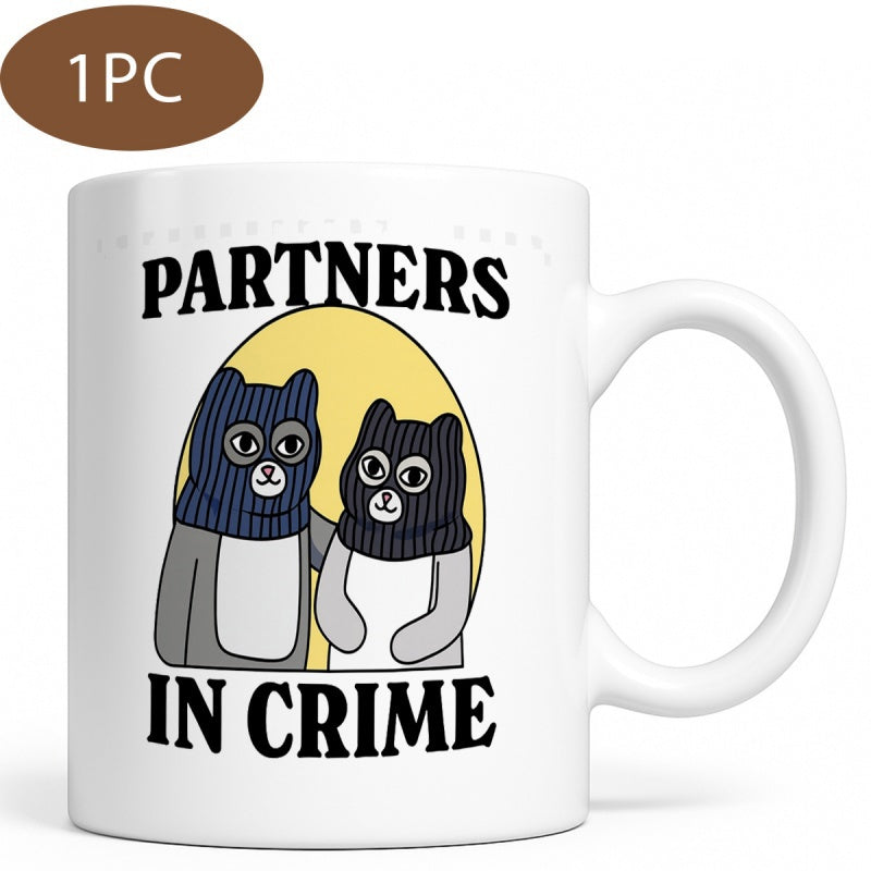 Tailorly White Ceramic 11 oz Mug - Partners In Crime Two Humorous Cartoon Cats Wearing Black Knitted Robber Balaclava Masks Cat