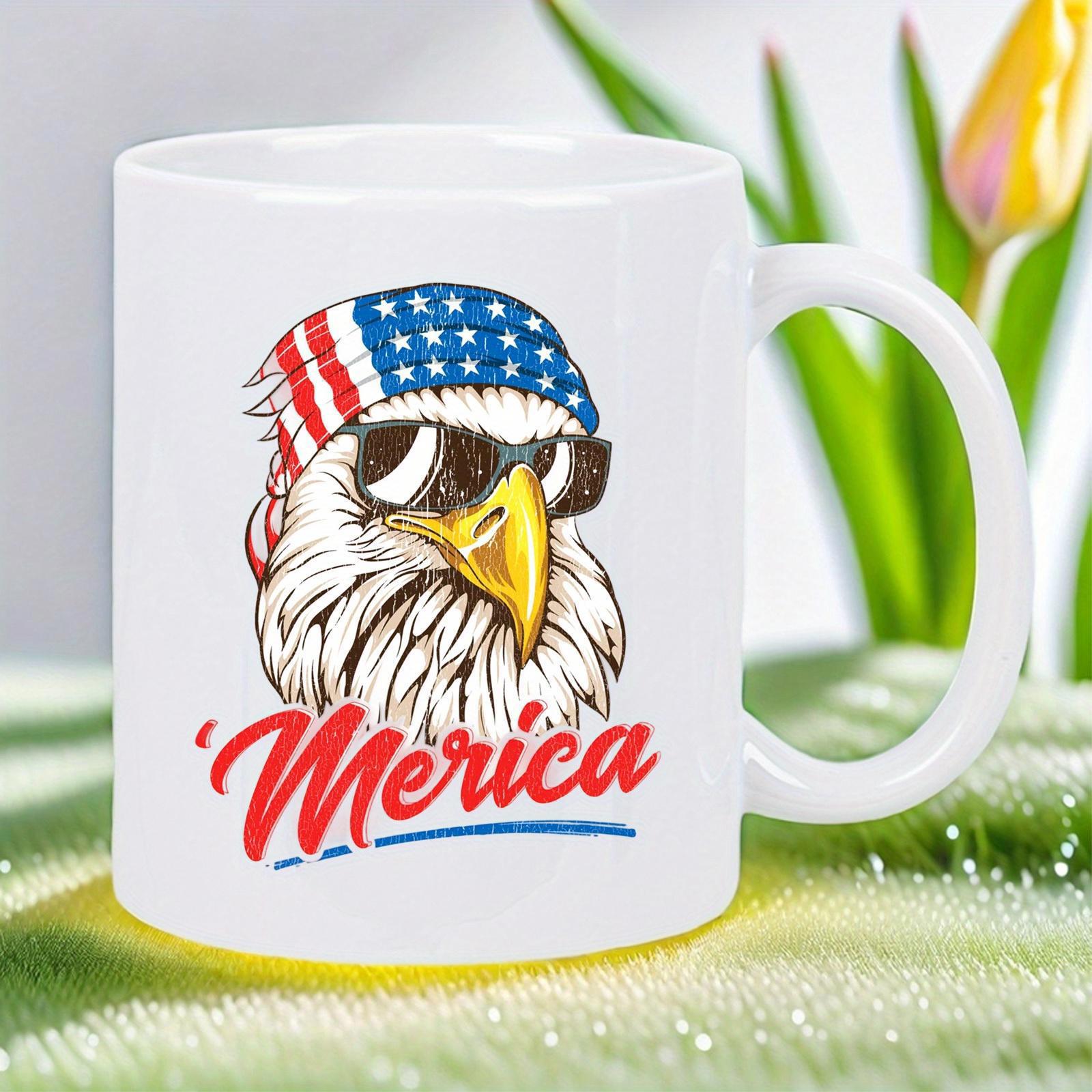 Tailorly White Ceramic 11 oz Mug - Merica Patriotic Bald Eagle Wearing American Flag Bandana And Cool Black Sunglasses Eagle