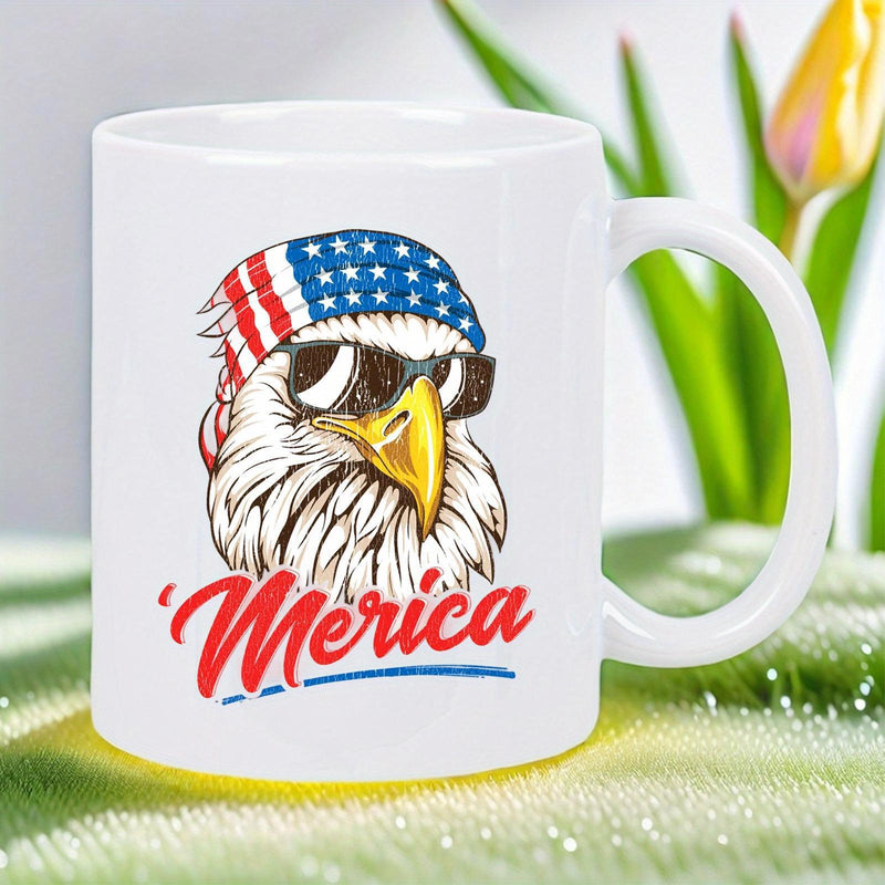 Tailorly White Ceramic 11 oz Mug - Merica Patriotic Bald Eagle Wearing American Flag Bandana And Cool Black Sunglasses Eagle