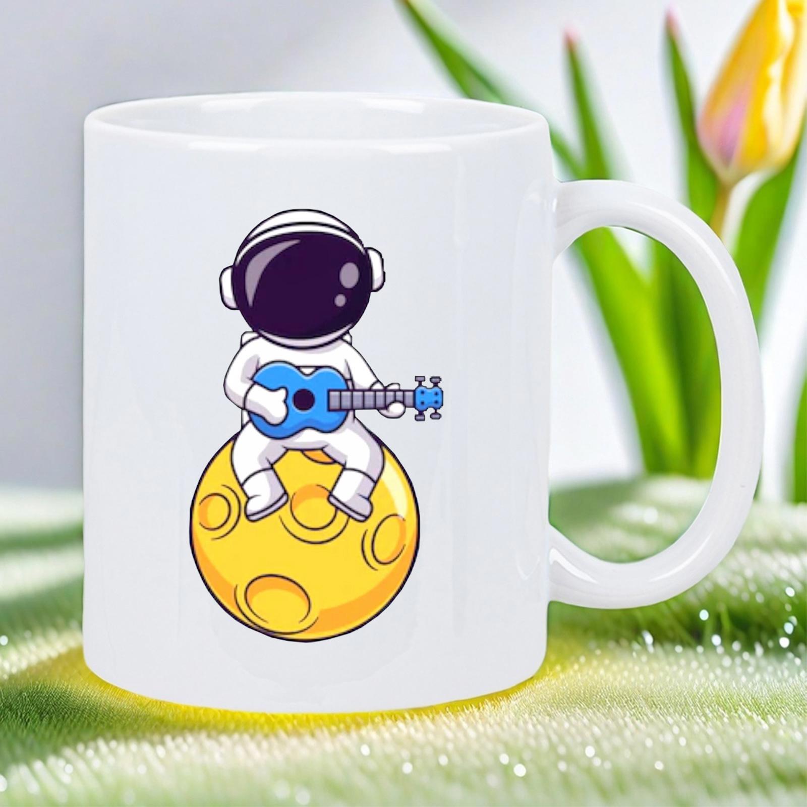 Tailorly White Ceramic 11 oz Mug - Charming Little Space Traveler Playing Acoustic Melodies Atop A Golden Lunar Sphere Astronaut