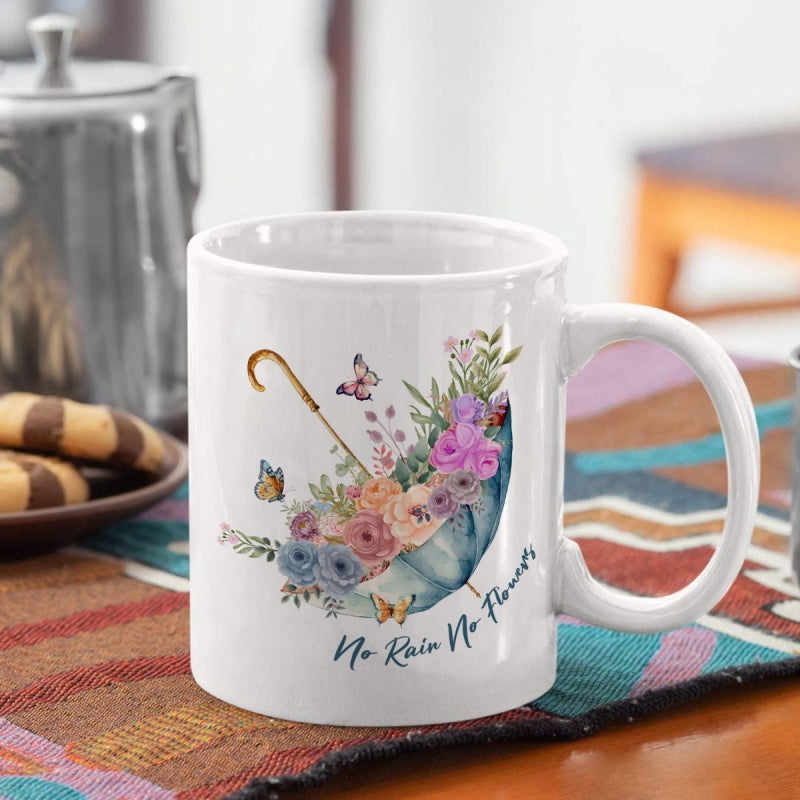 Tailorly White Ceramic 11 oz Mug - No Rain No Flowers Vibrant Watercolor Floral Bouquet Nestled Inside A Classic Handled Open Umbrella