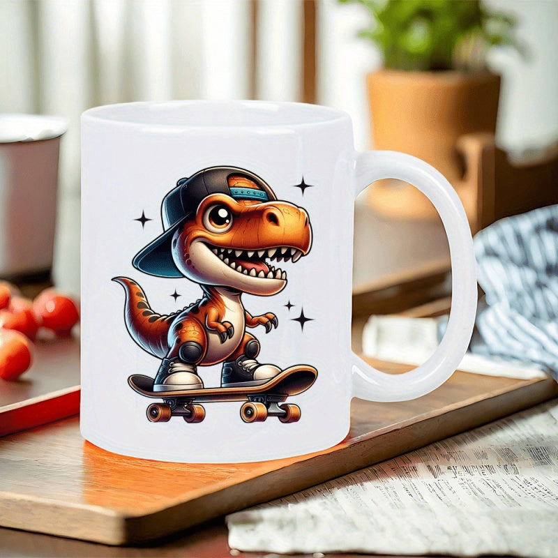 Tailorly White Ceramic 11 oz Mug - Adorable Little Cartoon Character Wearing Baseball Cap Riding Skateboard Through Sparkling Dinosaur