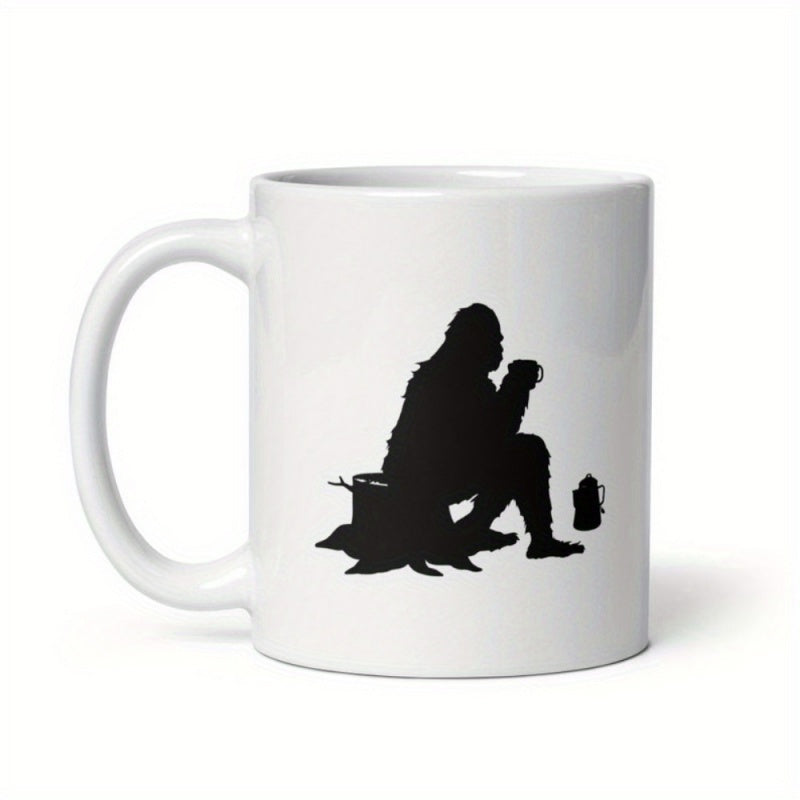 Tailorly White Ceramic 11 oz Mug - Mystical Creature Sitting On A Log Drinking From A Warm Cup Sasquatch