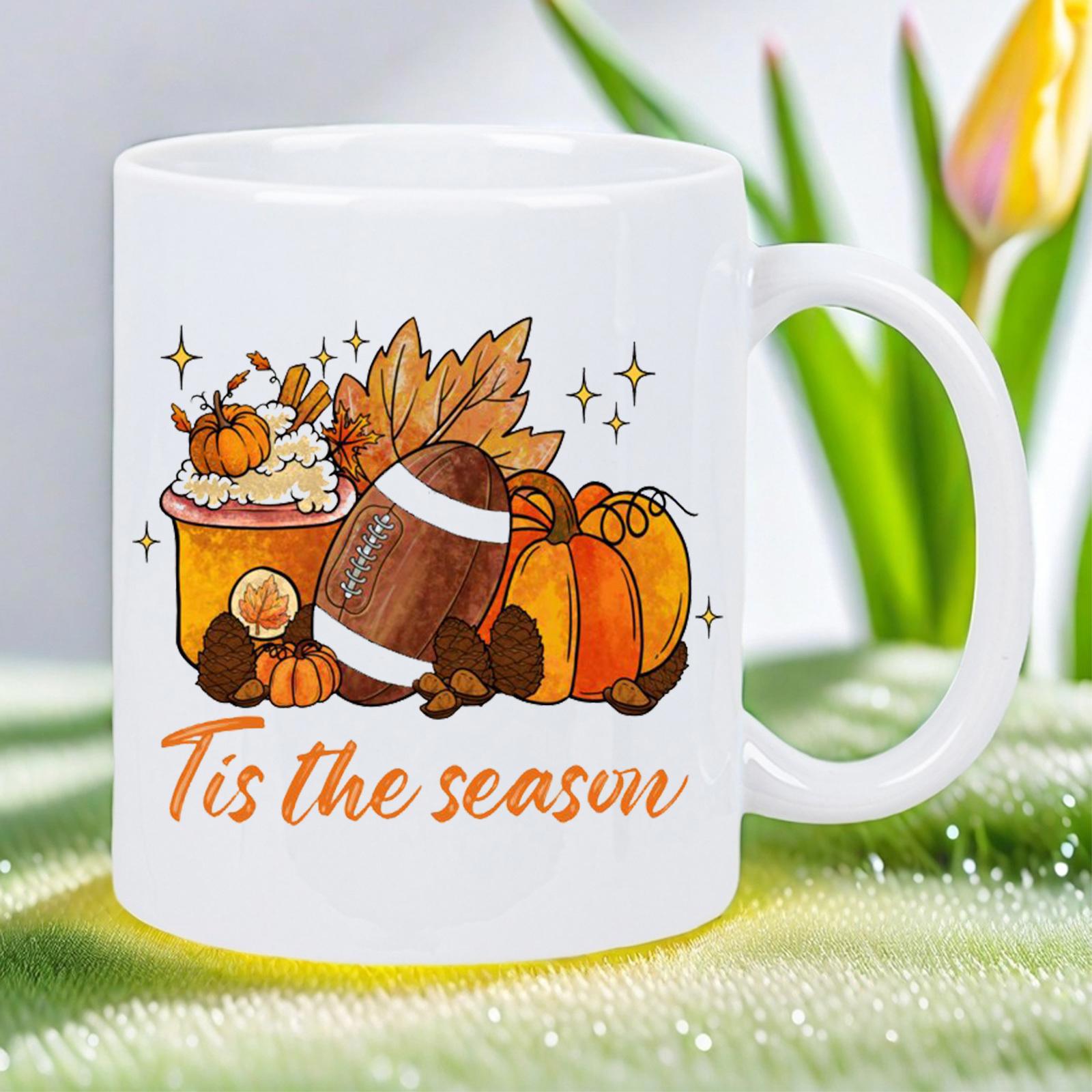 Tailorly White Ceramic 11 oz Mug - Tis The Season Cozy Autumn Harvest With Pumpkins And Falling Leaves Beside A Football