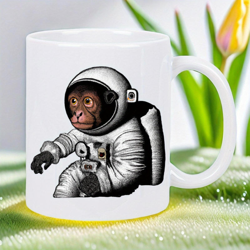 Tailorly White Ceramic 11 oz Mug - Detailed White Astronaut Suit Featuring A Brave And Curious Chimpanzee