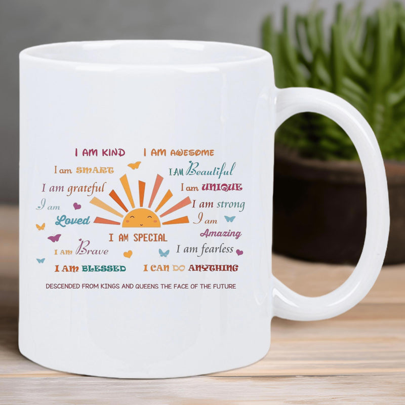Tailorly White Ceramic 11 oz Mug - I Am Special Warm Radiant Golden Sun Surrounded By Flying Tiny Butterflies Affirmation Sun
