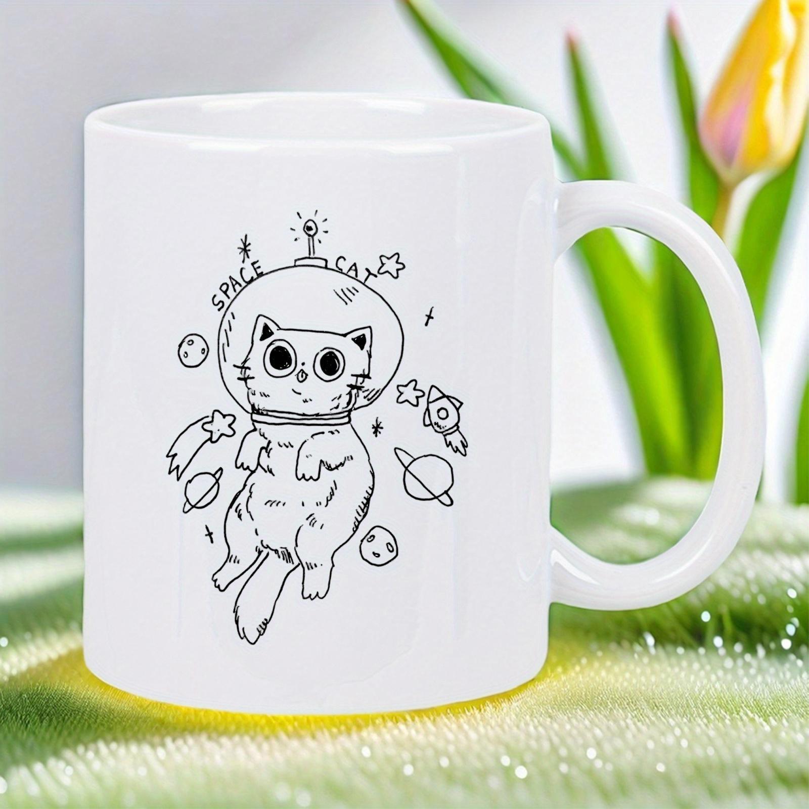 Tailorly White Ceramic 11 oz Mug - Space Cat Minimalist Hand Drawn Astronaut Floating Among Celestial Planets And Twinkling Stars Cat
