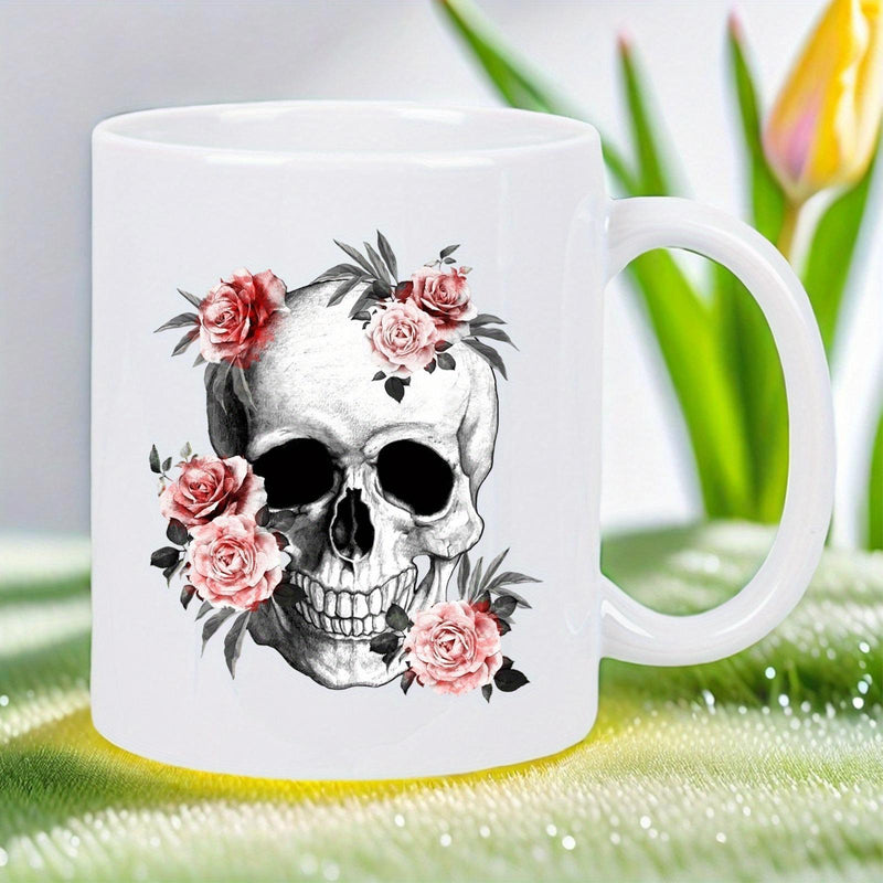 Tailorly White Ceramic 11 oz Mug - Intricate Human Skull Adorned With Elegant Pink Roses And Dark Leaves Skull