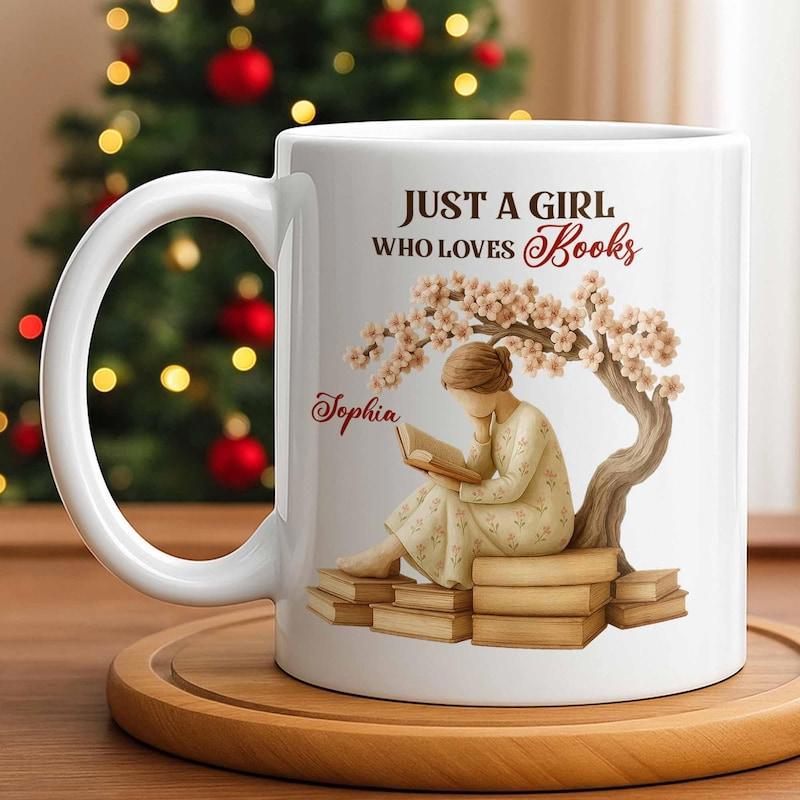 Tailorly White Ceramic 11 oz Mug - Just A Girl Who Loves Books Sophia Peaceful Reading Scene Under Flowering Tree On Stacked Books Girl