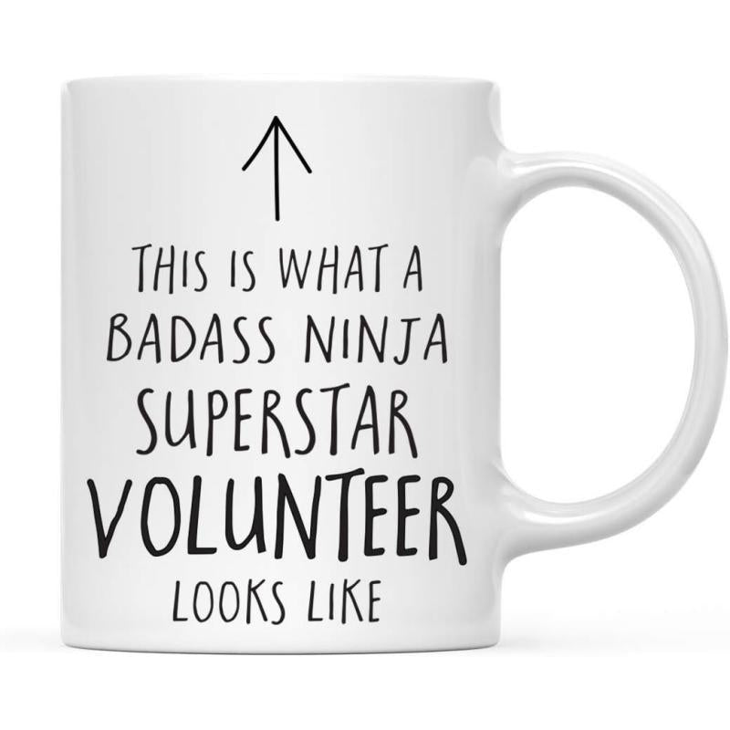 Tailorly White Ceramic 11 oz Mug - This Is What A Badass Ninja Superstar Volunteer Looks Like Minimalist Upward Pointing Arrow Centered On A Smooth Ceramic Surface