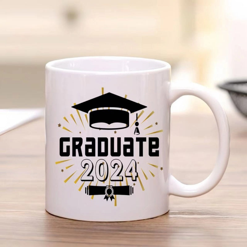 Tailorly White Ceramic 11 oz Mug - Graduate 2024 Classic Mortarboard Cap Floating Over Radiant Golden Burst And Scroll Mortarboard