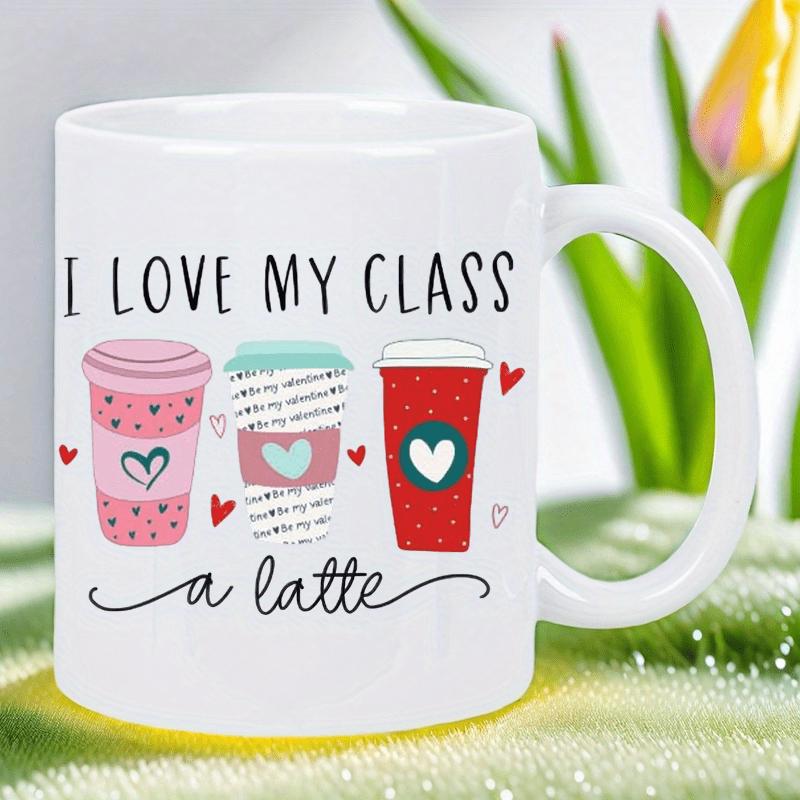 Tailorly White Ceramic 11 oz Mug - I Love My Class A Latte Three Colorful Takeaway Coffee Cups Decorated With Small Hearts And Sprinkles Mug