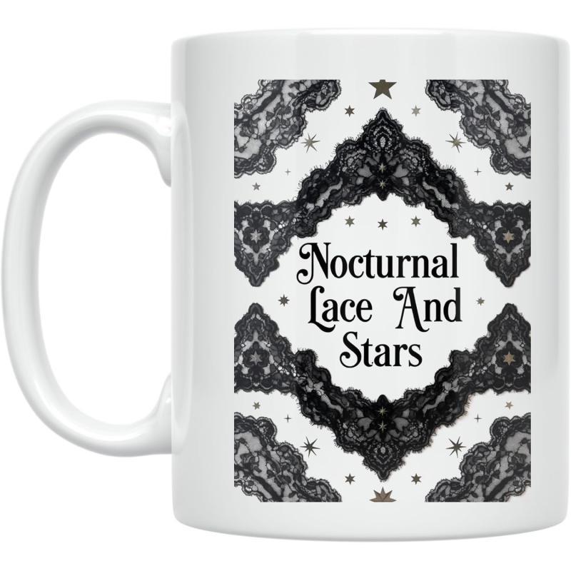 Tailorly White Ceramic 11 oz Mug - Nocturnal Lace And Stars Intricate Gothic Black Lace Pattern With Shimmering Stars And Mystical Mug
