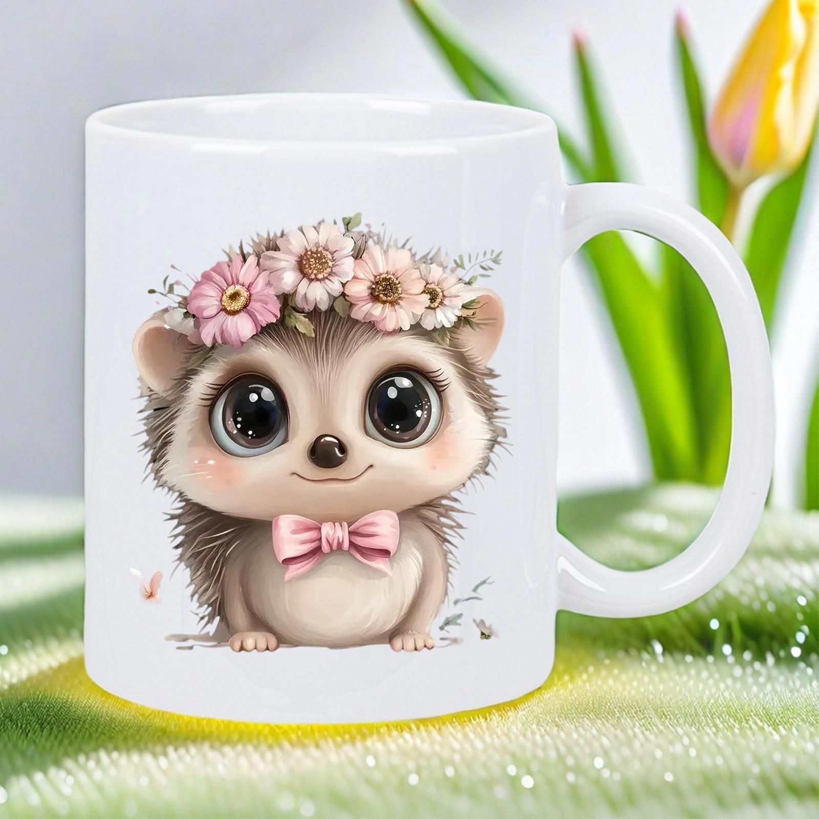 Tailorly White Ceramic 11 oz Mug - Adorable Little Hedgehog Wearing Pink Floral Crown And Bow Tie Hedgehog