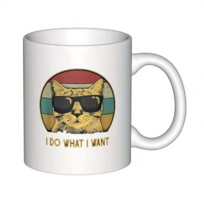 Tailorly White Ceramic 11 oz Mug - I Do What I Want Cool Ginger Tabby Wearing Sunglasses With Vintage Style Distressed Sunset Cat